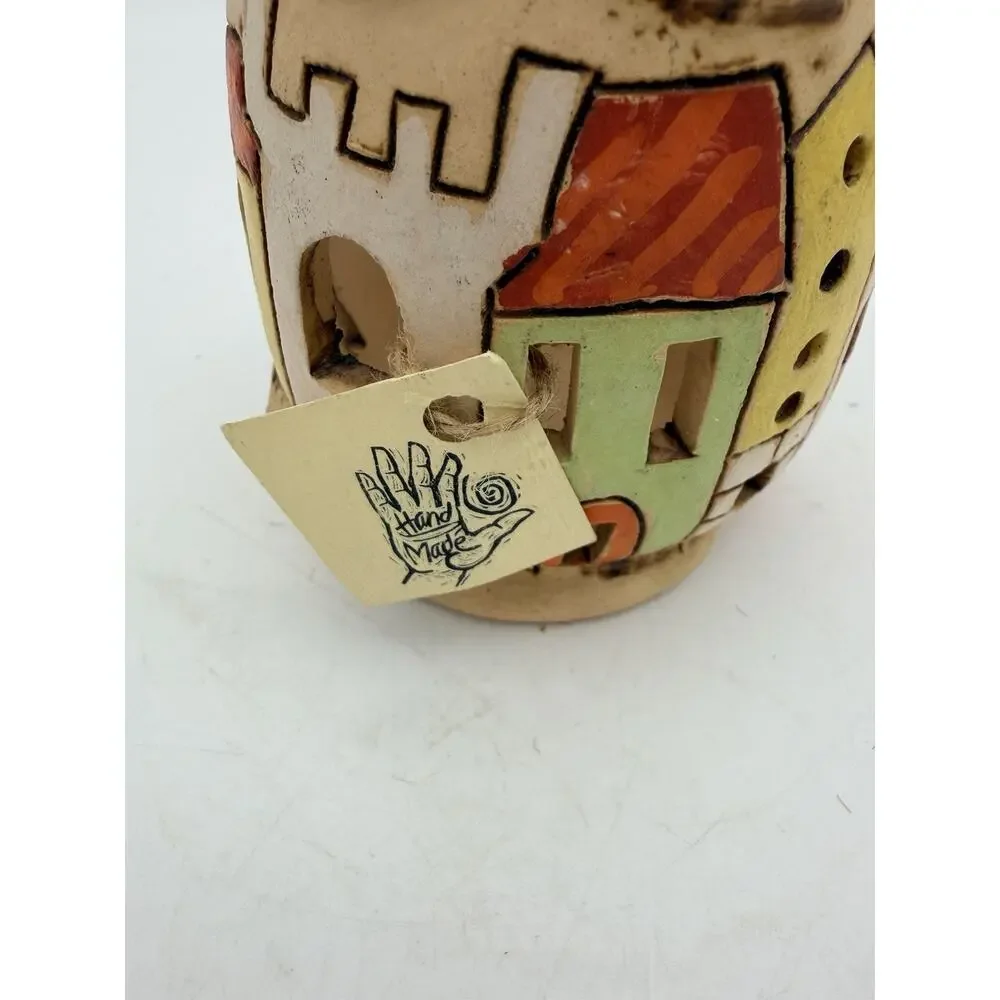 Folk Art Handmade Cat Shaped Ceramic Candle Holder Luminary Decor Votive